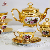 Bộ ấm chén Bát Tràng men trắng ngàn hoa Phú Quý phong cách Châu Âu mạ vàng 24k đầy đủ 16 vật phẩm cao cấp