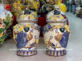 Đôi chóe sú đắp nổi chim công hoa đào cao 55cm