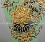 Mai bình công danh phú quý men sứ xanh ngọc kích thước cao 48cm đắp nổi vẽ vàng 24k