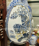 Trứng phong thủy gốm Bát Tràng tứ quý cổ đồ nền trắng vẽ lam vẽ vàng 24k kích thước 60cm