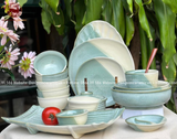 Bộ bát ăn gốm sứ Bát Tràng men sứ trắng xanh 24 vật phẩm