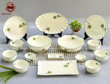 Bộ bát ăn gốm sứ Bát Tràng hoa sen xanh men trắng 29 vật phẩm