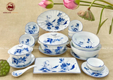Bộ bát ăn gốm sứ Bát Tràng họa tiết hoa sen men lam 21 vật phẩm