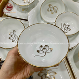 Bộ bát ăn gốm sứ Bát Tràng hoa mặt trời men sứ trắng vẽ vàng 15 vật phẩm