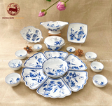 Bộ bát ăn gốm sứ Bát Tràng hoa mặt trời hoa sen men lam 19 vật phẩm
