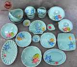 Bộ bát ăn gốm sứ Bát Tràng men xanh biển họa tiết sao biển 23 vật phẩm