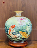 Bình Hút Tài Lộc gốm Bát Tràng họa tiết sen cá 3d men màu vẽ vàng kích thước 40cm
