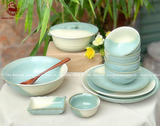 Bộ bát ăn gốm sứ Bát Tràng men sứ trắng xanh 24 vật phẩm