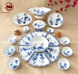 Bộ bát ăn gốm sứ Bát Tràng hoa mặt trời hoa sen men lam 19 vật phẩm