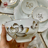 Bộ bát ăn gốm sứ Bát Tràng hoa mặt trời men sứ trắng vẽ vàng 15 vật phẩm