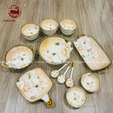 Bộ bát ăn gốm sứ Bát Tràng họa tiết hoa hồng nhạt men màu 22 vật phẩm