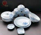 Bộ bát ăn gốm sứ Bát Tràng hoa sen men ngọc 22 vật phẩm