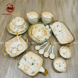 Bộ bát ăn gốm sứ Bát Tràng họa tiết hoa hồng nhạt men màu 22 vật phẩm