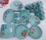 Bộ bát ăn gốm sứ Bát Tràng men xanh biển họa tiết sao biển 23 vật phẩm