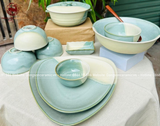 Bộ bát ăn gốm sứ Bát Tràng men sứ trắng xanh 24 vật phẩm