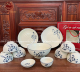 Bộ bát ăn gốm sứ Bát Tràng hoa sen men chàm 24 vật phẩm