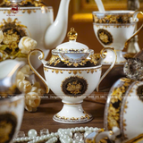 Bộ ấm chén Bát Tràng men trắng Hào Gia Phú Quý phong cách Châu Âu viền vàng 24k đầy đủ 16 vật phẩm cao cấp
