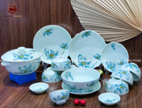 Bộ bát ăn gốm sứ Bát Tràng men dong vẽ hoa sen 19 vật phẩm