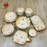 Bộ bát ăn gốm sứ Bát Tràng họa tiết hoa hồng nhạt men màu 22 vật phẩm