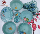 Bộ bát ăn gốm sứ Bát Tràng men xanh biển họa tiết sao biển 23 vật phẩm