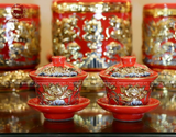 Bộ Đồ Thờ Bát Tràng đầy đủ dâng ban gia tiên men sứ đỏ đắp nổi vẽ vàng 42 vật phẩm | Bộ Thờ Cúng Gia Tiên Bát Tràng