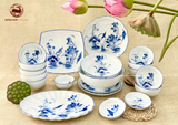 Bộ bát ăn gốm sứ Bát Tràng họa tiết hoa sen men lam 21 vật phẩm