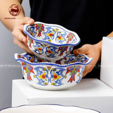 Bộ bát ăn gốm Bát Tràng họa tiết thổ cẩm men trắng 12 vật phẩm