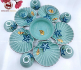 Bộ bát ăn gốm sứ Bát Tràng men xanh biển họa tiết sao biển 23 vật phẩm