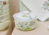 Bộ bát ăn gốm Bát Tràng họa tiết sen xanh men sứ kem 16 vật phẩm