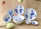 Bộ bát ăn gốm sứ Bát Tràng họa tiết hoa sen men lam 21 vật phẩm