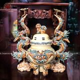 Bộ tam sự đỉnh hạc lưu ly men rạn bóng vàng kích thước cao 45cm đắp nổi