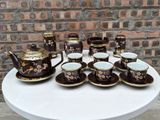 Bộ ấm chén Bát Tràng bọc đồng vẽ chim hoa đào quai vuông đầy đủ 18 vật phẩm