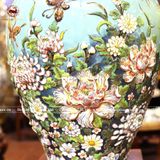 Đôi bảo bình trăm hoa đua nở men sứ vàng và xanh kích thước cao 70cm đắp nổi vẽ vàng