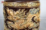 Bát hương song long chầu nguyệt men sứ nâu đường kính 30cm họa tiết đắp nổi vẽ vàng