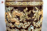 Bát hương song long chầu nguyệt men sứ nâu đường kính 30cm họa tiết đắp nổi vẽ vàng