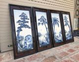 Tranh Tứ Quý Ngư Tiều Canh Mục men sứ xanh lam kích thước 95x45cm đắp nổi khung gỗ sồi | Quà Tặng Bố tranh gốm tứ quý