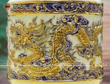 Bát hương song long chầu nguyệt men sứ trắng đường kính 22cm đắp nổi vẽ vàng