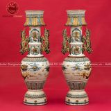 Đèn thờ gốm sứ Bát Tràng Mạc Long Chầu Nguyệt men rạn đắp nổi
