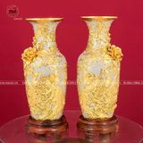 Đôi lọ hoa công danh phú quý men rạn bằng gốm kích thước cao 60cm đắp kênh bong dát vàng 24K