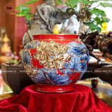 Lọ hoa sen dáng tròn men sứ đỏ kích thước cao 25cm đắp nổi vẽ vàng
