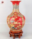Bình củ tỏi tứ quý men đỏ kích thước cao 60cm đắp nổi vẽ vàng nhiều chi tiết