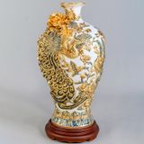 Mai bình công danh phú quý men sứ trắng kích thước cao 45cm đắp nổi kênh bong vẽ vàng