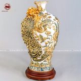 Mai bình công danh phú quý men sứ trắng kích thước cao 45cm đắp nổi kênh bong vẽ vàng