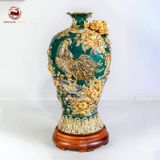 Mai bình kim kê đại cát men sứ xanh lục bảo kích thước cao 30cm đắp nổi kênh bong dát vàng