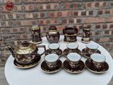 Bộ ấm chén Bát Tràng bọc đồng vẽ chim hoa đào quai vuông đầy đủ 18 vật phẩm