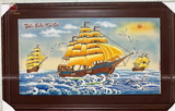 Tranh gốm sứ Bát Tràng họa tiết thuận buồm xuôi gió kích thước 127cm x 78cm khung gỗ hương