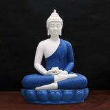Tượng Thích Ca Mâu Ni ngồi đài sen bằng sứ trắng áo xanh cao 36cm