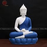 Tượng Thích Ca Mâu Ni ngồi đài sen bằng sứ trắng áo xanh cao 36cm