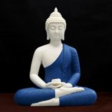 Tượng Thích Ca Mâu Ni ngồi kiểu thái sứ trắng áo xanh cao 30cm