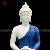 Tượng Thích Ca Mâu Ni ngồi kiểu thái sứ trắng áo xanh cao 30cm